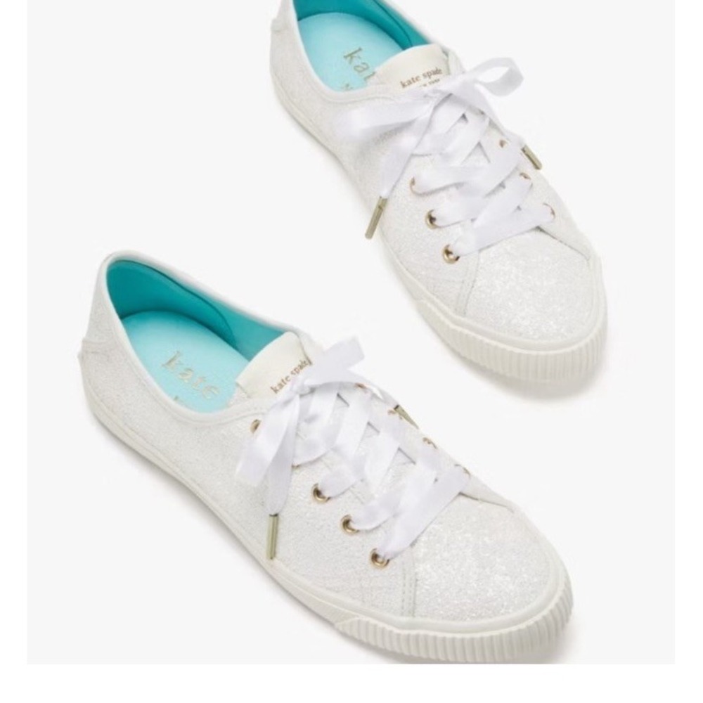 Kate Spade New York Trista White Glitter Satin Ribbon Lace Up Sneakers Womens 9B